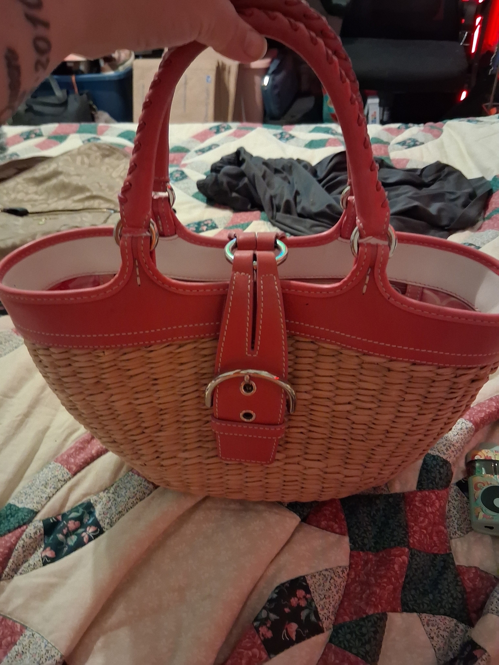 Coach Coral Trim Woven Straw Tote